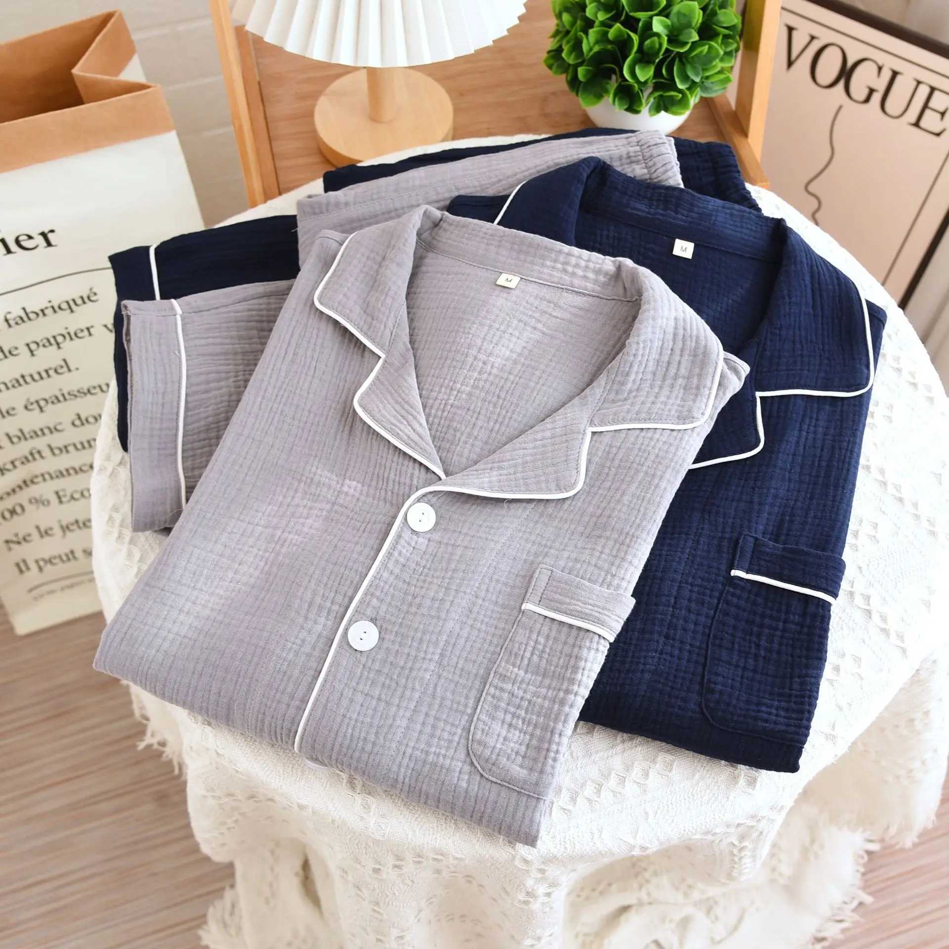 Mens Pajamas Cotton Double Gauze Loungewear Soft Long Sleeves Trousers Plus Size Solid Sleepwear Pocket White Edge Pajama Set Y240913