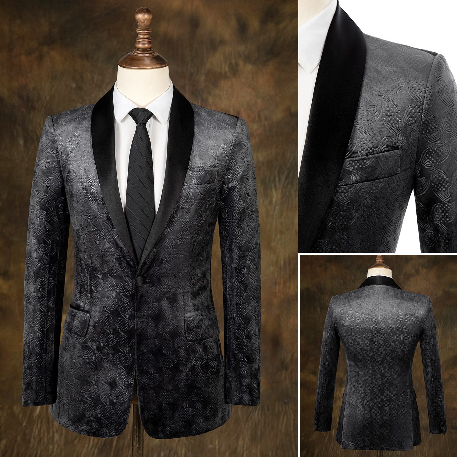 Tailored Men Wedding Tuxedos Unique Floral Pattern Groom Black Pants Suit Prom Evening Birthday Party Costume 2 Pieces