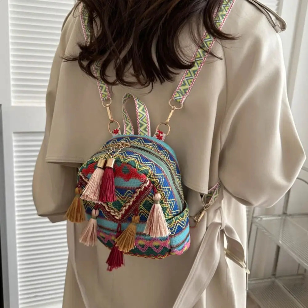 Embroidery ethnic style tassel backpack striped elementary school bag canvas tassel shoulder bag Korean style large capacity 240912