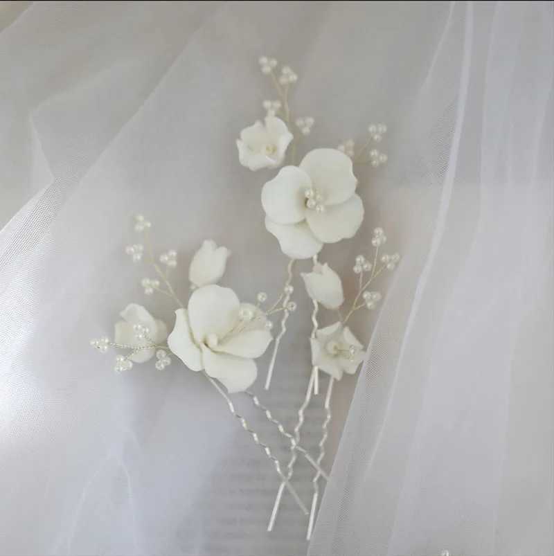 SLBRIDAL Handmade Ins Style Ceramic Flower Pearls Bridal Hair Pin Set Wedding Hair Sticker Hair Accessories Women Hair JewelryX240913