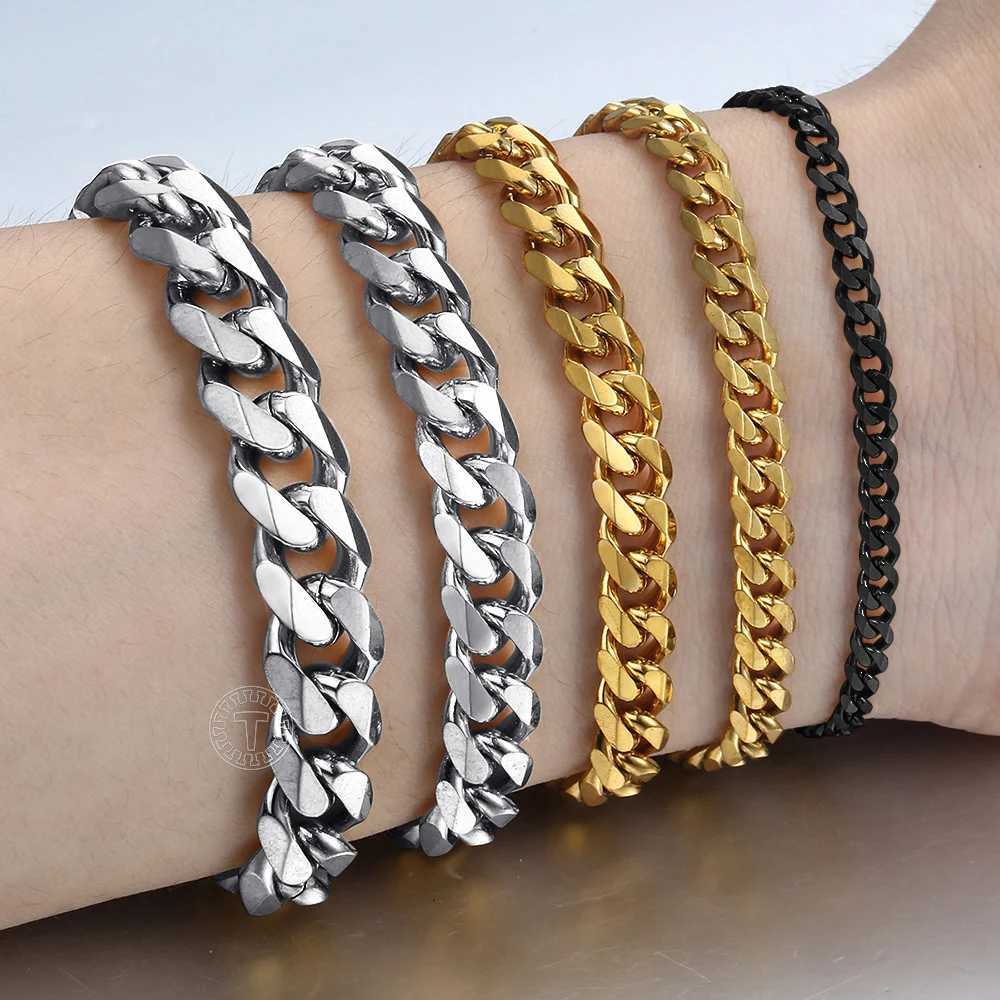 3/5/7/9/11mm Wide Curb Cuban Link Chain Bracelets for Men Women Solid Stainless Steel Black Gold Color Metal Bracelet KBM03BX240913