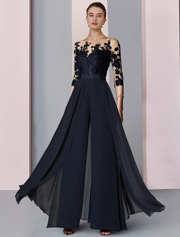 Elegant Jumpsuits Mother Of The Bride Dresses Sheer Long Sleeves Lace Applique Chiffon Evening Party Gowns Pantsuits Plus Size Guest Mother's Dre