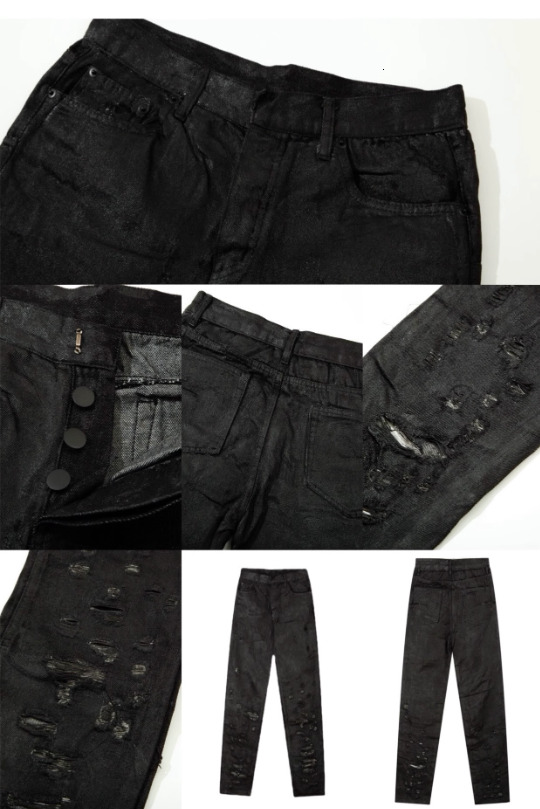 Black Waxed Jeans Mens Distressed StraightLeg Denim with Coated Finish Black Waxed Denim Men Archive High Street Style L251014