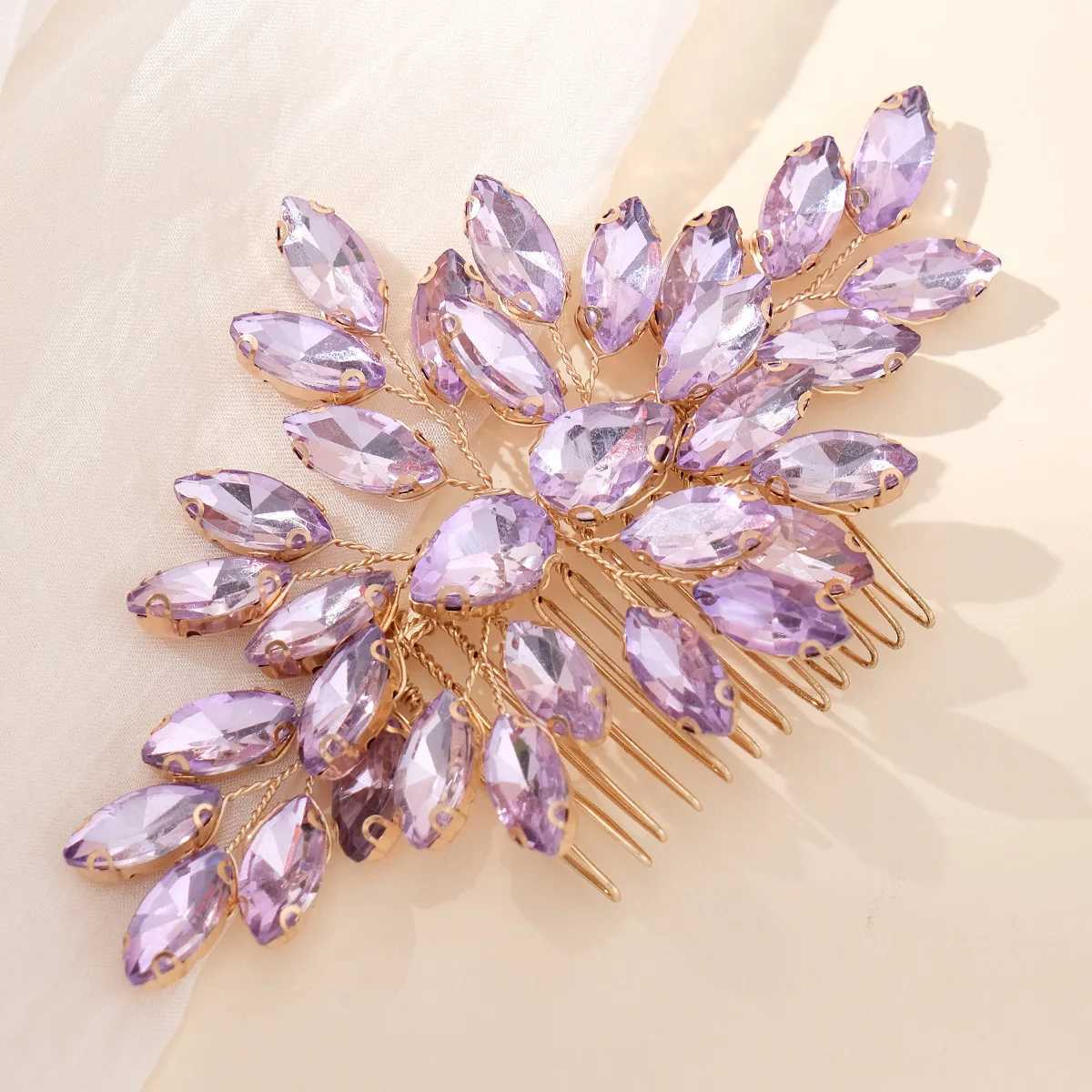 Purple Crystal Hair Comb Handmade Rhinestones Hairpins Fashion Metal Headpiece Bridal Tiaras Elegant Hair Accessory For WomenX240913