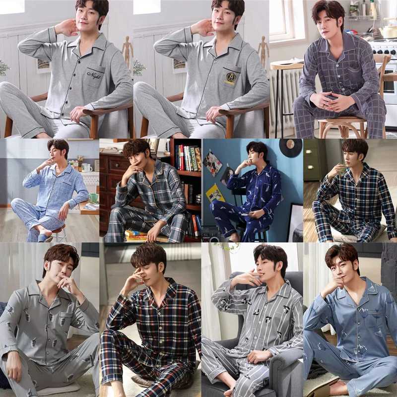 Spring Autumn Mens Cotton Pajamas Letter Striped Sleepwear Cartoon Pajama Sets Casual Sleep Lounge Pyjamas Big Size 3XL Pijama Y240913