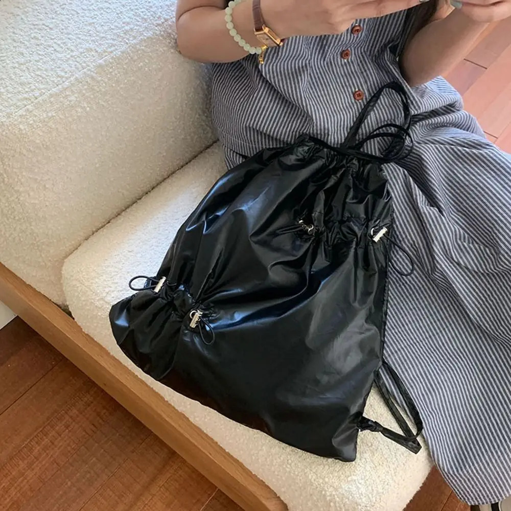 Leisure Korean drawstring backpack business folding nylon Ruched backpack niche book bag silver shoulder bag outdoor 240912