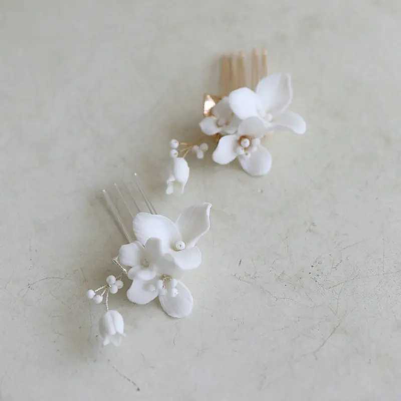 Delicate Ceramic Rose Flower Bridal Hair Comb Gold Silver Color Leaf Women Headpiece Wedding AccessoriesX240913