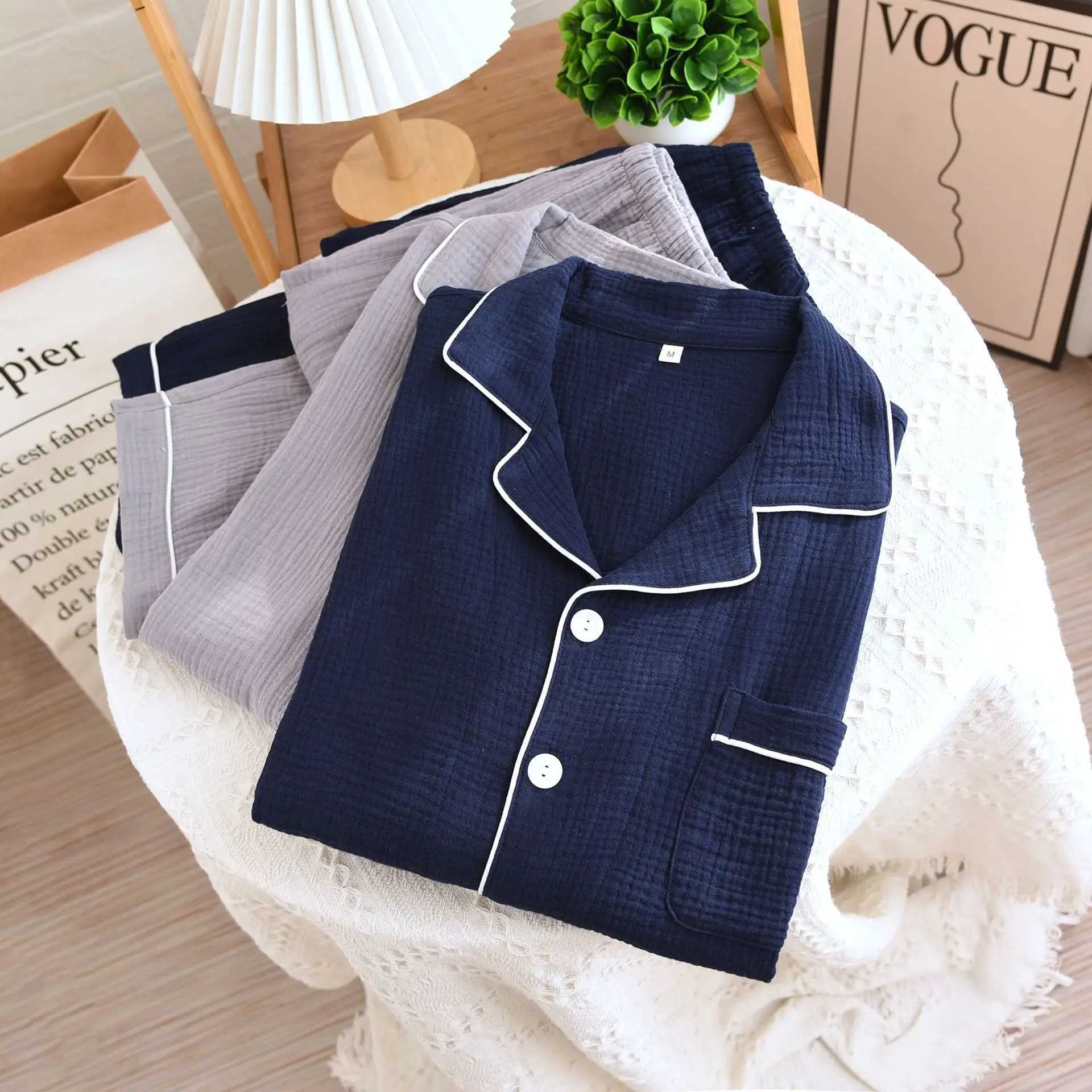 Mens Pajamas Cotton Double Gauze Loungewear Soft Long Sleeves Trousers Plus Size Solid Sleepwear Pocket White Edge Pajama Set Y240913