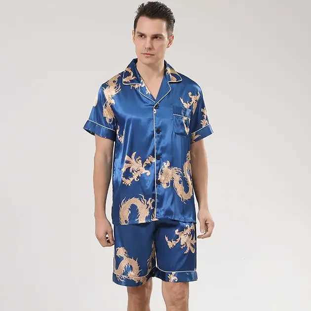 Men Pajamas Suit Print Dragon Sleepwear Satin 2PCS PJS Set Lapel Shirt Shorts Lounge Wear Summer Button-down Nightwear Lingerie Y240913