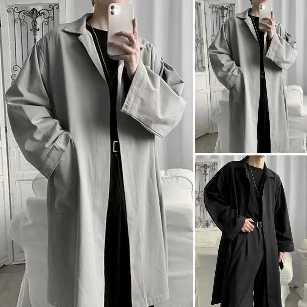 Breathable Men Coat Stylish Lapel Trench Coat for Men Breathable Wrinkle-resistant Spring Autumn Jacket Trendy Medium-long Waist Y240913