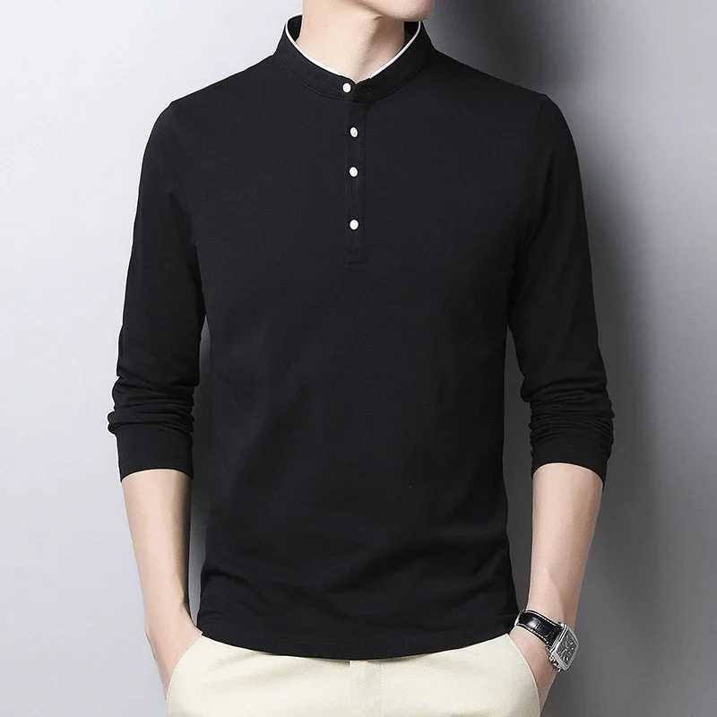 Mens fashionable long sleeved polo shirt casual cotton breathable top stand up collar Korean style comfortable T-shirt top W24091314