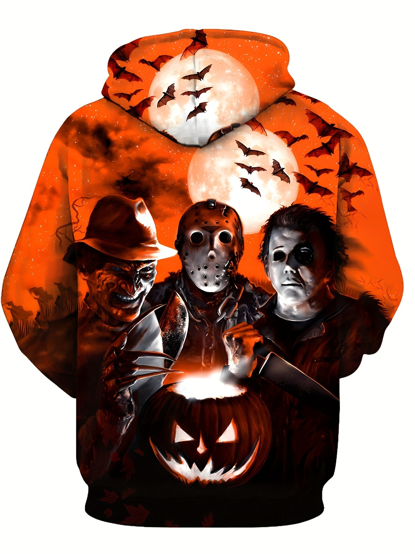 Festive 3D Printed Horror Characters and Pumpkin Hoodie for Men - Party Wear, Polyester Material, Long Sleeves, Regular Fit, Digital Heat Transfer Pri