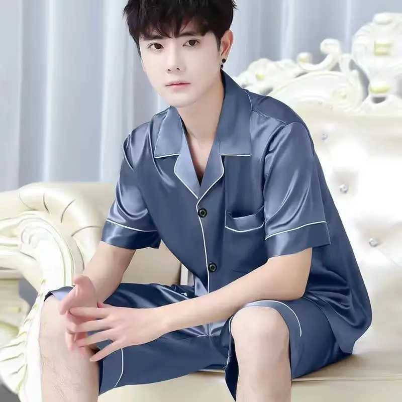 Summer Solid Color Mens Pajamas Silk Satin Sleepwear Big Size Short Sleeve Button-Down Pyjamas Home Suit Pijama Lounge Pjs Sets Y240913