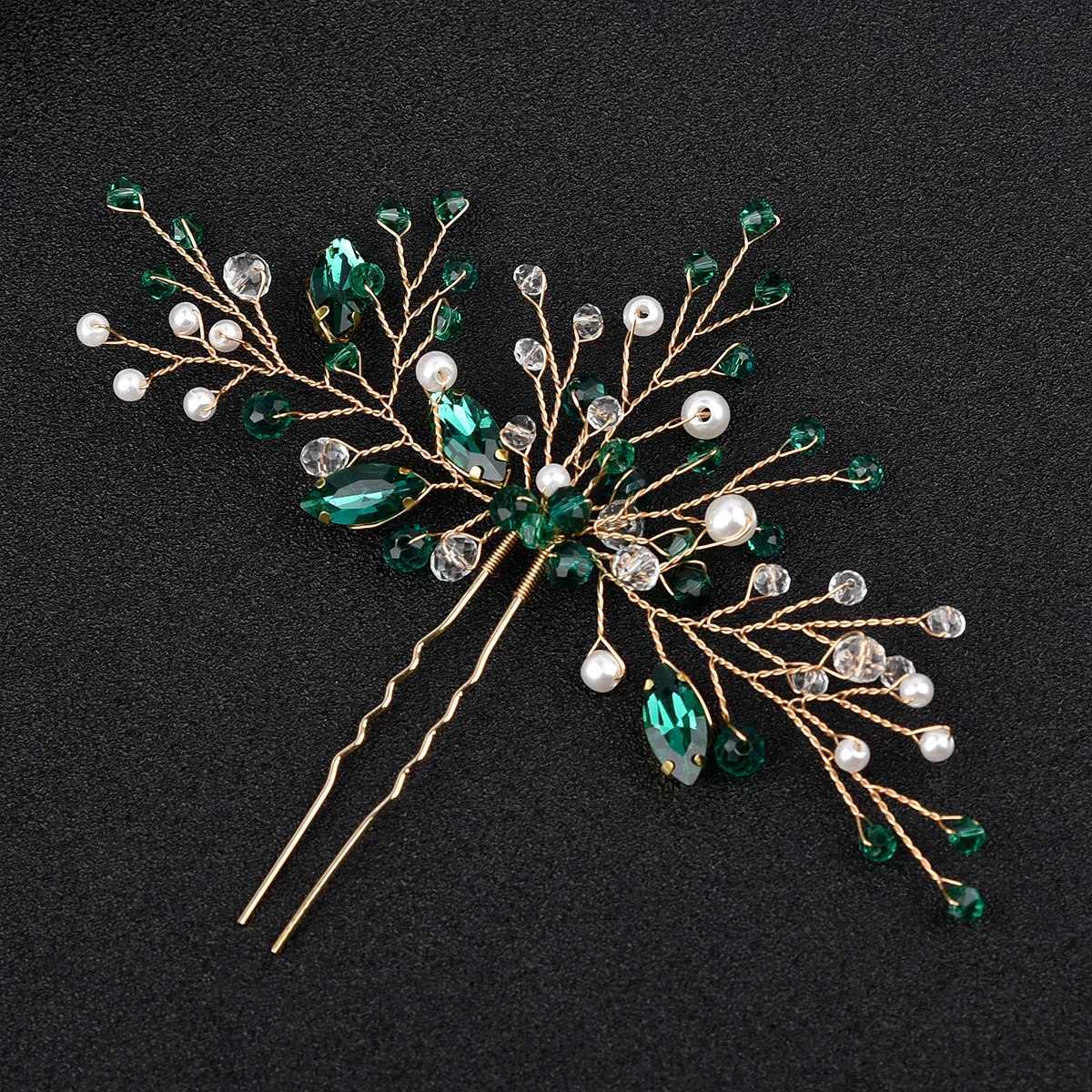 Handmade Bride Wedding Emeralds Rhinestone Pearl Hair Comb Dinner Party Headpiece for Crystal Hair AccessoriesX240913