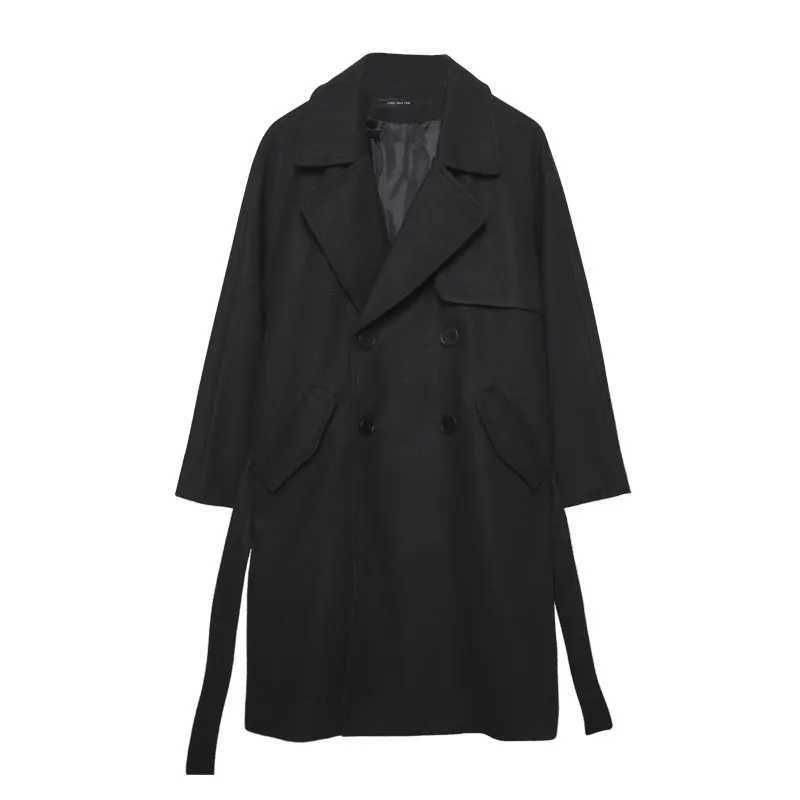 New Style winter fashion mens cloaks and robes individuality belt black wool coat mens coat medium-length Y240913
