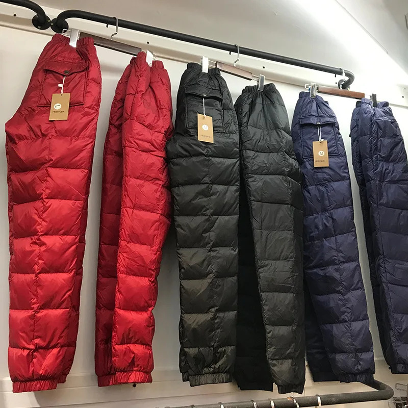 Mens Winter Elastic Waist Feather Sweat Pants Outer Wear High Waist Cold-Resistant Warm White Duck down Pants 240913