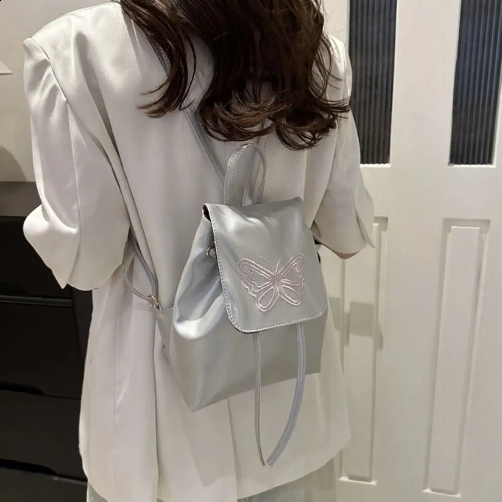 Large capacity Korean style backpack with butterfly pattern square Pu leather backpack handbag solid color Y2k school backpack outdoor 240912