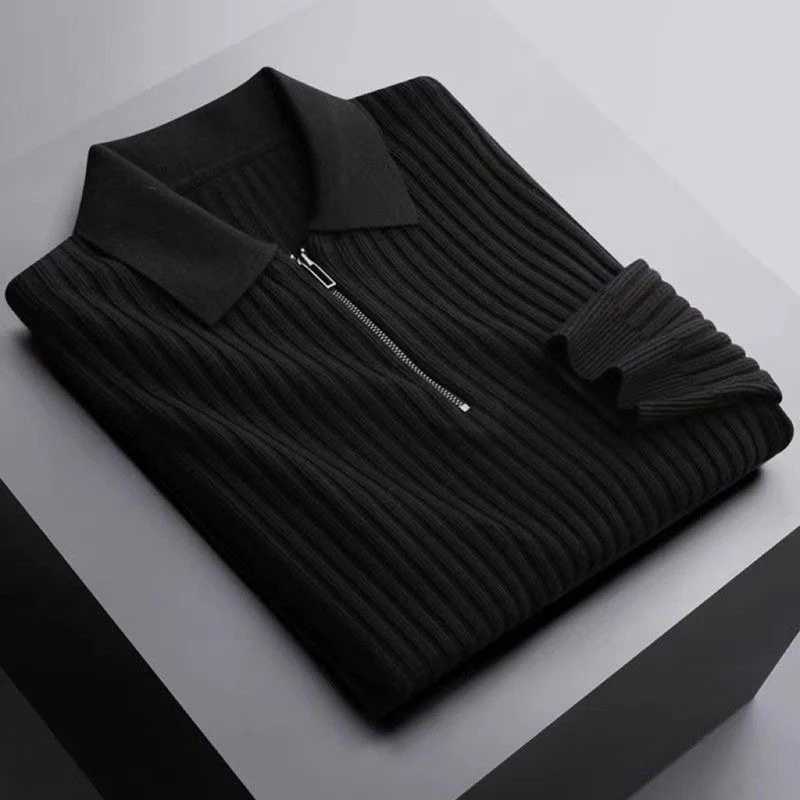 Mens lightweight luxury knitted polo shirt long sleeved solid color pullover sweater Korean retro popular casual knitted M-3XL W240913