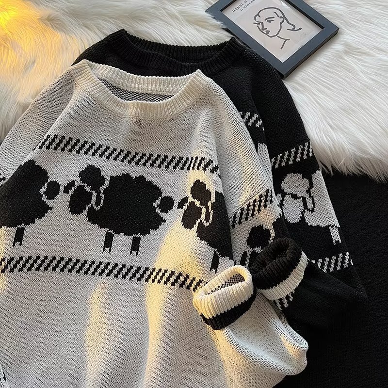 Men Sweaters Autumn and winter new student lazy style retro jacquard sweater Korean version couple knitted sweater jacket trendy Mens crew neck sweate