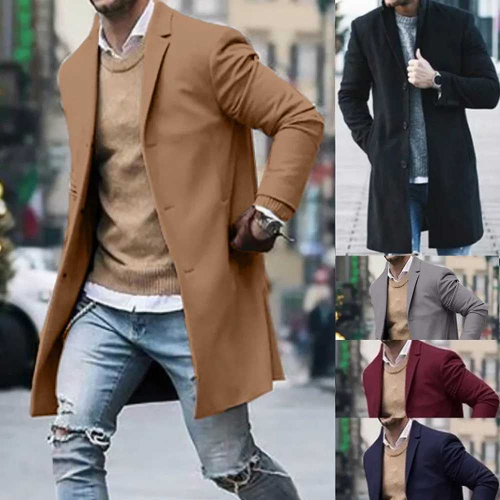 Mens Windbreaker Woolen Blend Coat Autumn Winter Fashion Solid Color Single Breasted Male Coat Large Size Casual Trench coats Y240913