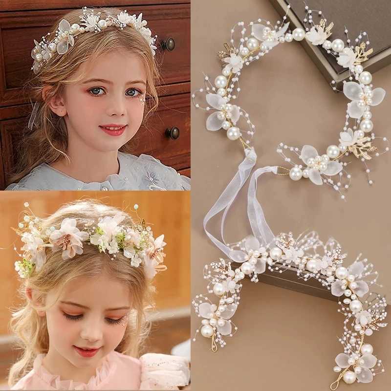 Spring Bohemian Girls Bridal Pearl Hair Headdress Flower Wreath Bride Garland Head Hoop Headbands Hair Jewelry Children GiftsX240913