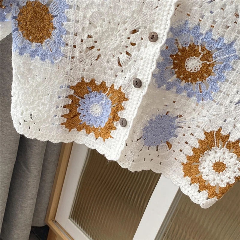 Granny Square Crochet Buttonup Top Short Sleeve Sheer Openknit Crop Cardigan for Women Teengirl Fairycore Vintage Outfit 240910