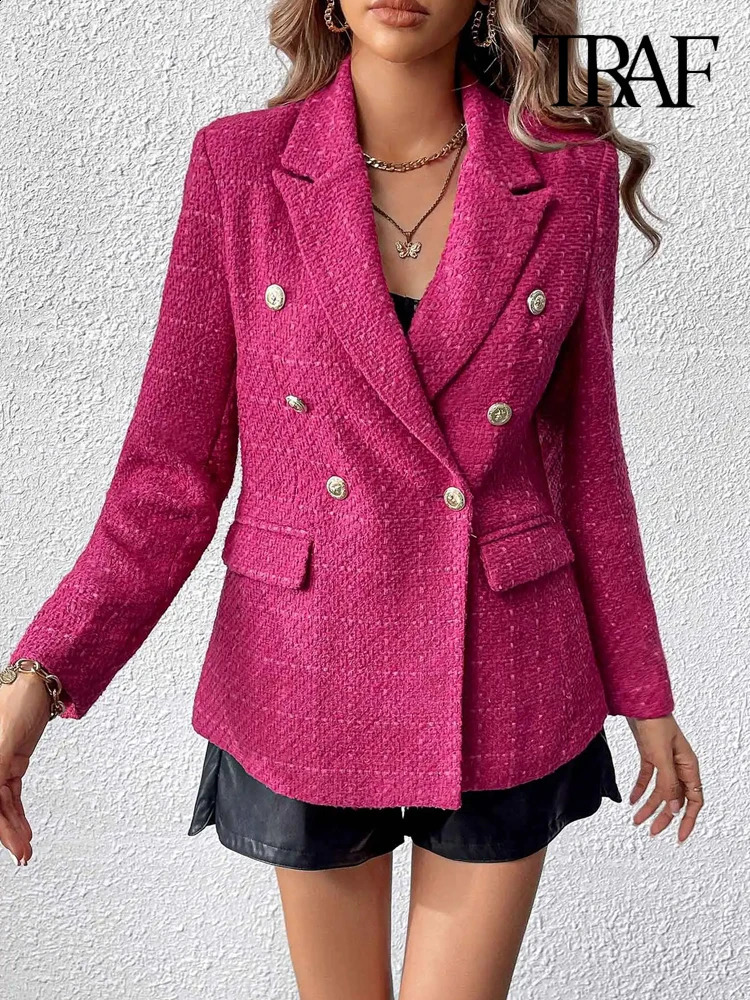 TRAF Women Fashion Double Breasted Tweed Blazer Coat Vintage Long Sleeve Flap Pockets Female Outerwear Chic Tops 240911