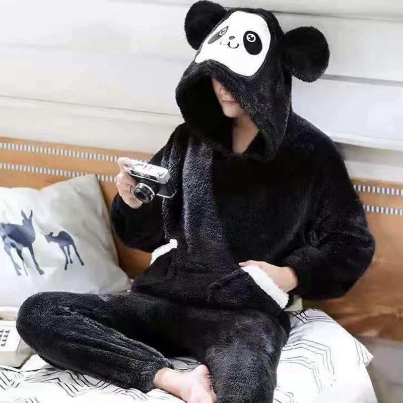 Cute Pajamas For Men Thick Plush Fleece Pajama Sets Winter Coral Velvet Warm Flannel Clothes Home Suit Male Sleepwear Y240913