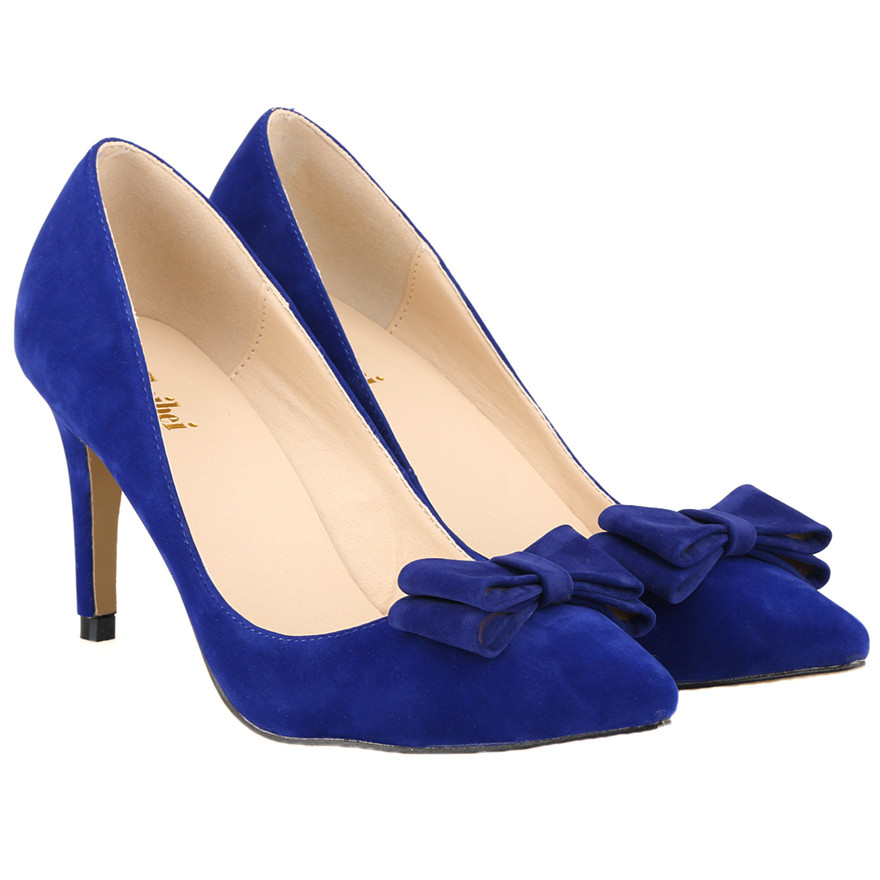 Sweet Bowknot Shallow Women Shoes New Autumn Pointed Toe High Heels 8CM Pumps Female Solid Flock Red Black Lady Work Bride Shoes