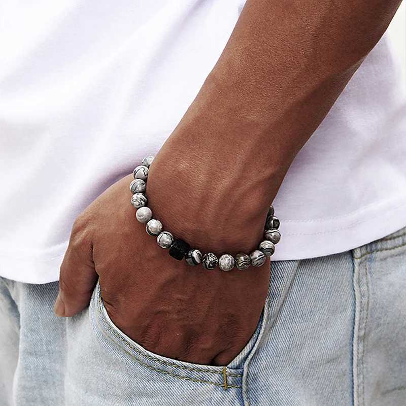 Mens Bead Bracelet Charm Fashion Simple Style Jewelry Gift Square Volcanic Stone Bead Tiger Eye Stone White Energy Bracelet W240913