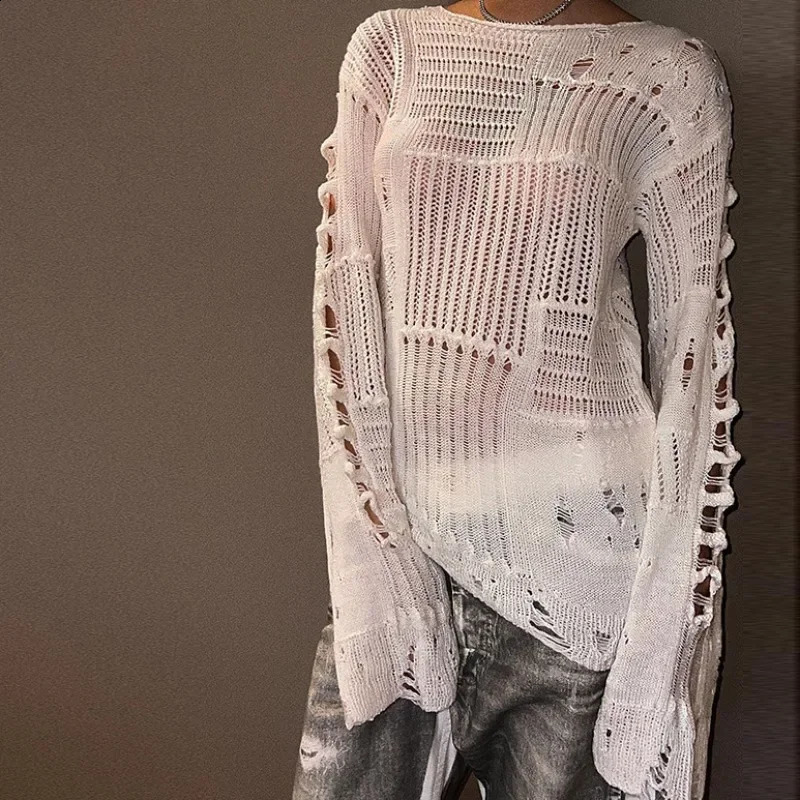 PTKPCC Vintage White Ripped Hole Grunge Sweater Women Casual Loose Jumper Solid Long Pullovers Knitted Hollow Out Holidays 240911