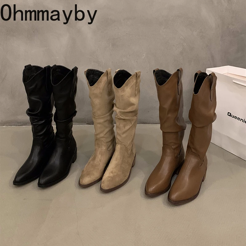 Style Retro Women Western Cowgirl Boots Fashion Slip On Shoes Autumn Winter Square Low Heel Ladies Knight Long Booties 5ff1