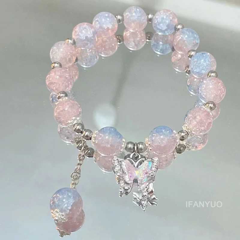 Pink Crystal Flower Butterfly Pendant Bead Bracelet Sweet Cool Bracelet Womens Fashion Decoration Supplies Party Gift Tools W240913