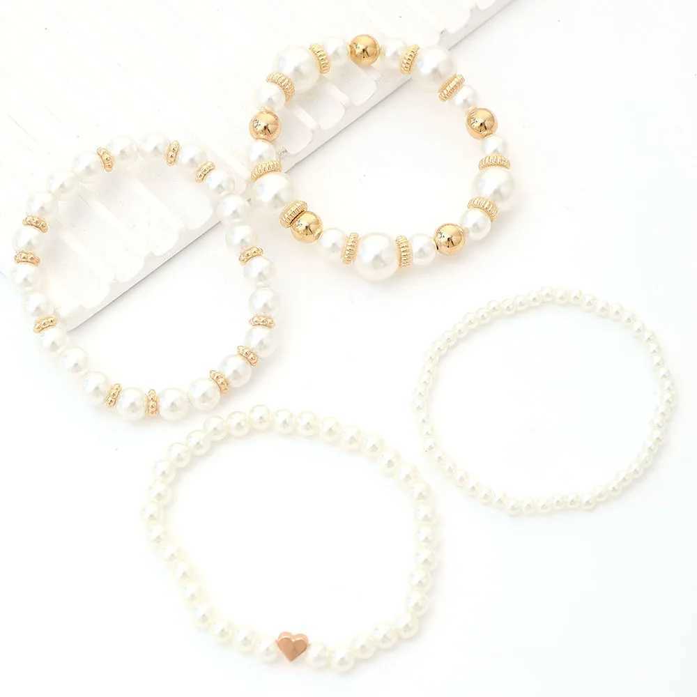 4pcs/Set Simple White Faux Pearls Beads Beaded Heart Temperament Bracelet Set Elegant Handmade Hand String Jewelry Accessory W250121