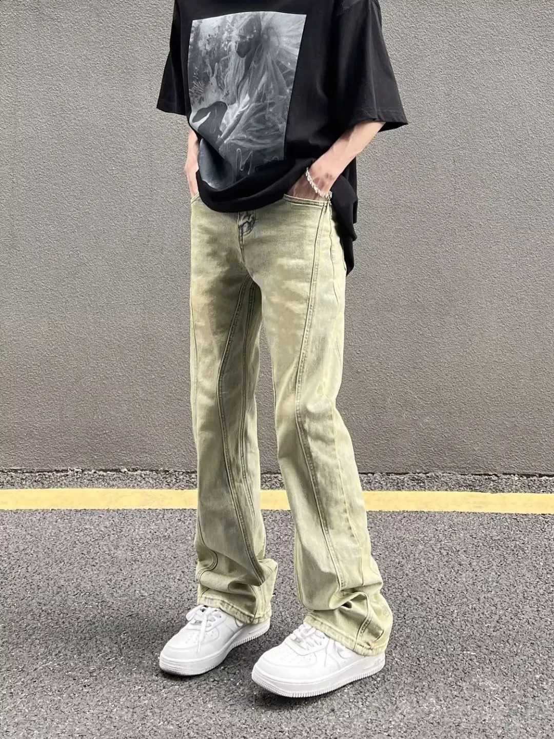 American Style High Street Trendy Jeans Men Slimming Straight Leg Dirty Blonde Wash Hip Hop Slim Fit Stack Denim Pants 240912