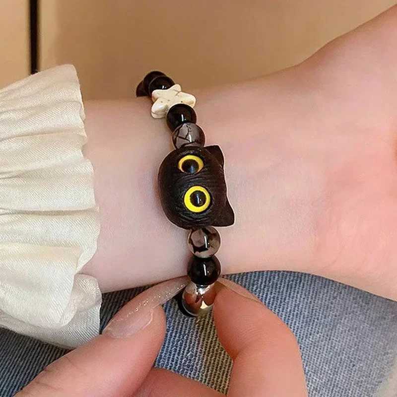 Cute natural stone black cat bracelet for mens fashion cartoon animal bead bracelet handmade fashion girl jewelry gift W240913