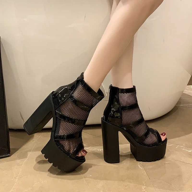 Black 14CM High Heels Sandals Gothic Peep Toe ZIpper Ankle Boots Women Breathable Mesh Summer Waterproof Platform Boot M240912