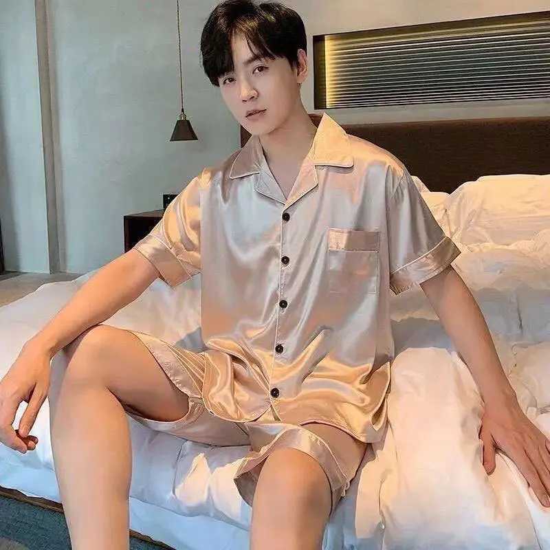 Men Pajama Sets Ice Silk Satin Short Sleeve Shirt+Shorts 2Pcs Suit Summer Thin Sleepwear Solid Color Male Casual Home Clothes Y240913