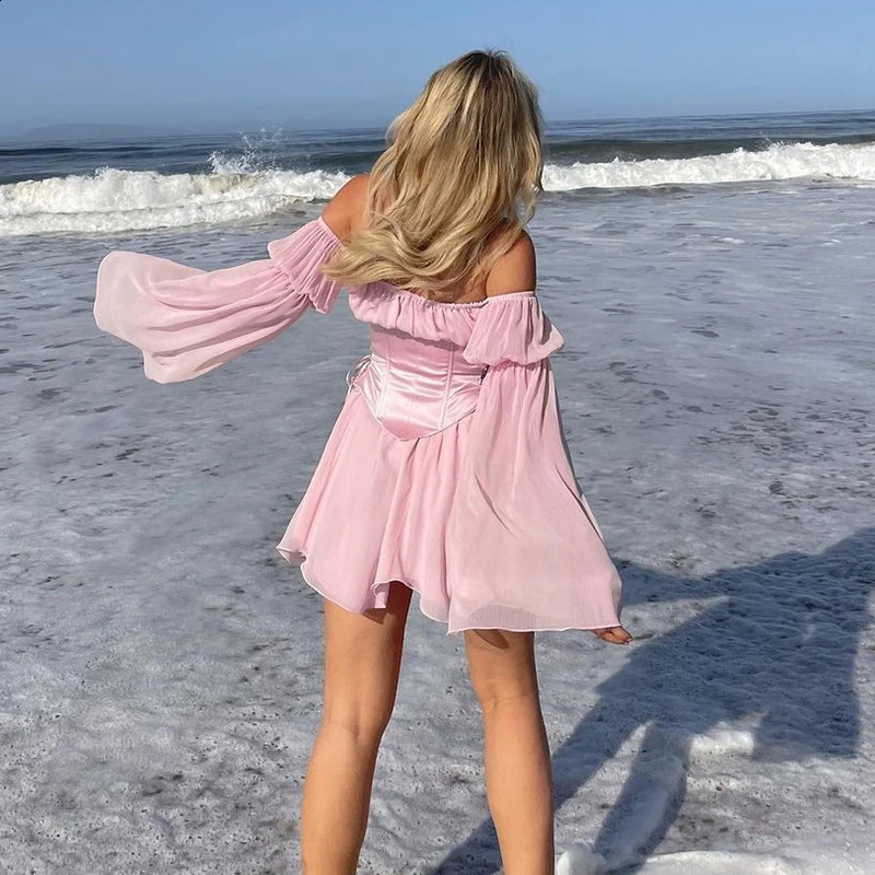Fairy Pink Chiffon mini dress fashionable womens bandage tight corset retro long puff sleeves Sundress Slash Neck Bridesmaid Bodycon Beach 240913