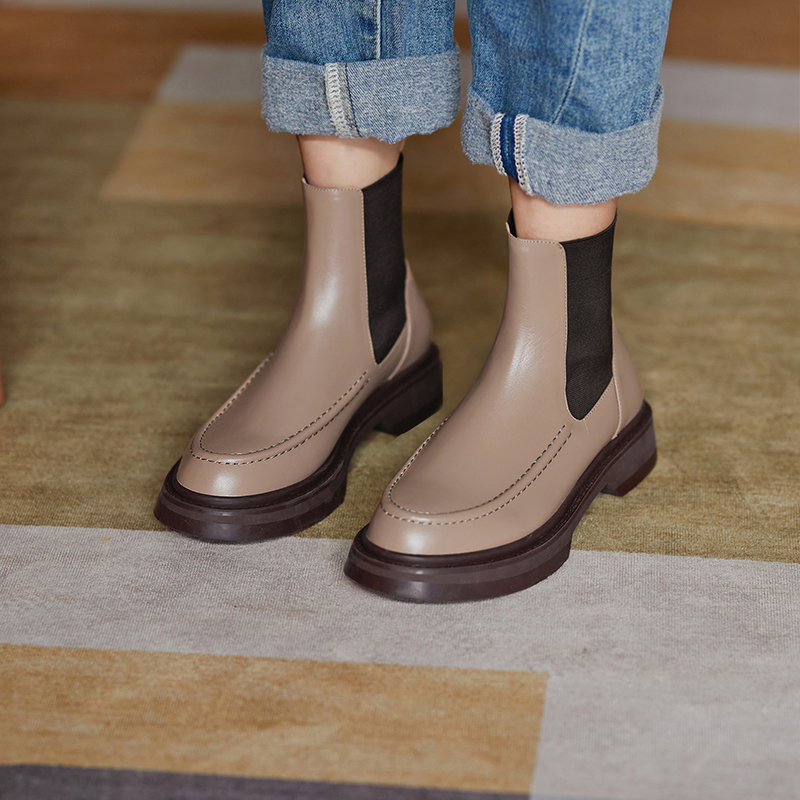 Genuine Leather Retro British Style Slip-On Fashion Ankle Boots Round Toe Flat with Women Shoes 1707