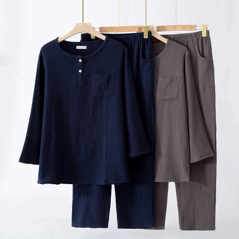 Cotton Crepe Round-neck Pajamas Suit Men Autumn Thin Gauze Plus Size Long-sleeved Trousers Korean Leisure Home Service Y240913