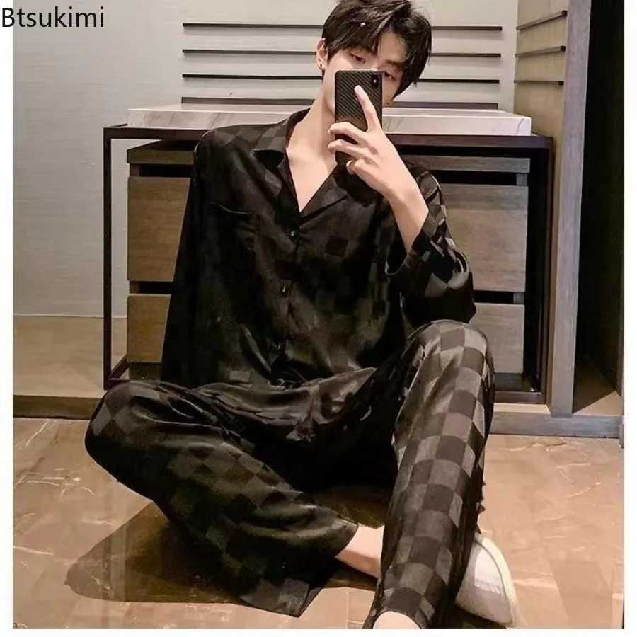 New Loungewear Mens Fashion Long Sleeve+Pants Satin Soft Pajama Sets Comfort Jacquard Ice Silk Home Wear Sleepwear Suit for Men Y240913