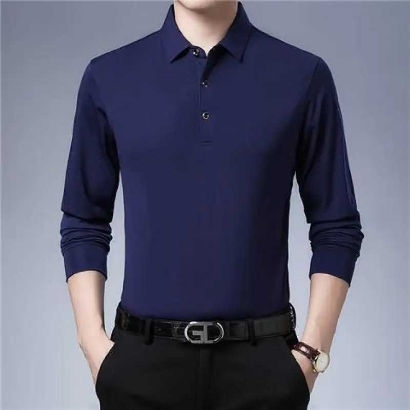 Collar long sleeved T-shirt mens spring and summer thin pure cotton top polo bottom loose zipper casual fashion W240913
