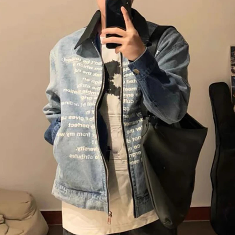 Mens Clothing Vintage Letter Zipper Denim Jacket Mens Spring And Fall Lapel Washed Biker Jacket Outerwears Coats Y2k 240913
