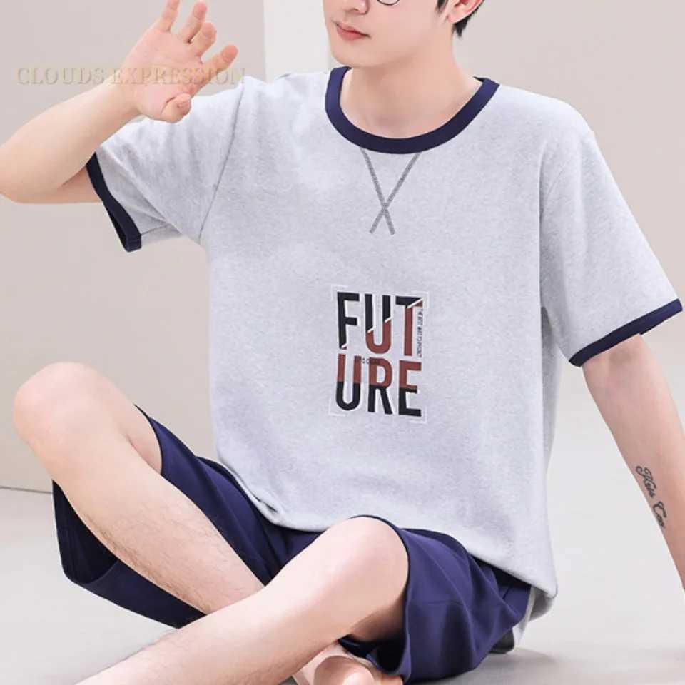 Summer 4XL Knitted Cotton Short Sleeved Mens Pajamas Sets Male Pajama Set Plaid Pajama For Men Sleepwear Suit Homewear Size Y240913