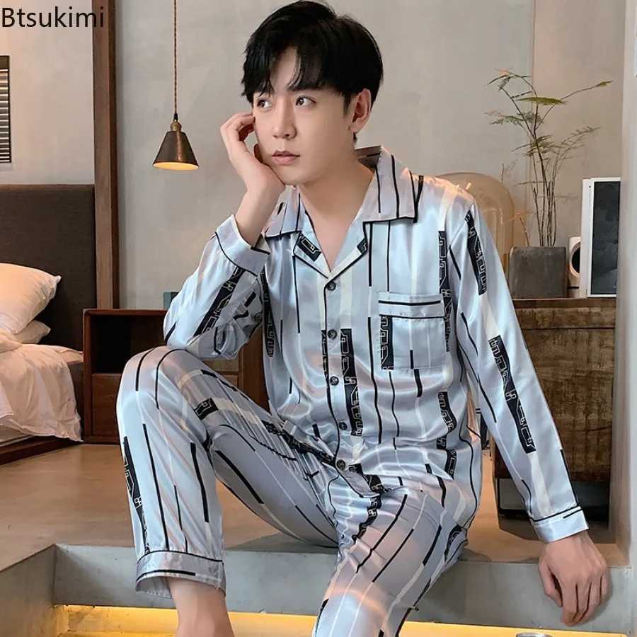 New Loungewear Mens Fashion Long Sleeve+Pants Satin Soft Pajama Sets Comfort Jacquard Ice Silk Home Wear Sleepwear Suit for Men Y240913