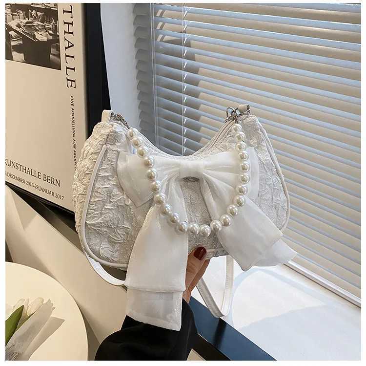 Pearl Female Bag Retro Luxury Designer Handbag Bow Crossbody Bags Fashion Canvas Women S2024 Trend Shoulder Bag Purses 240913