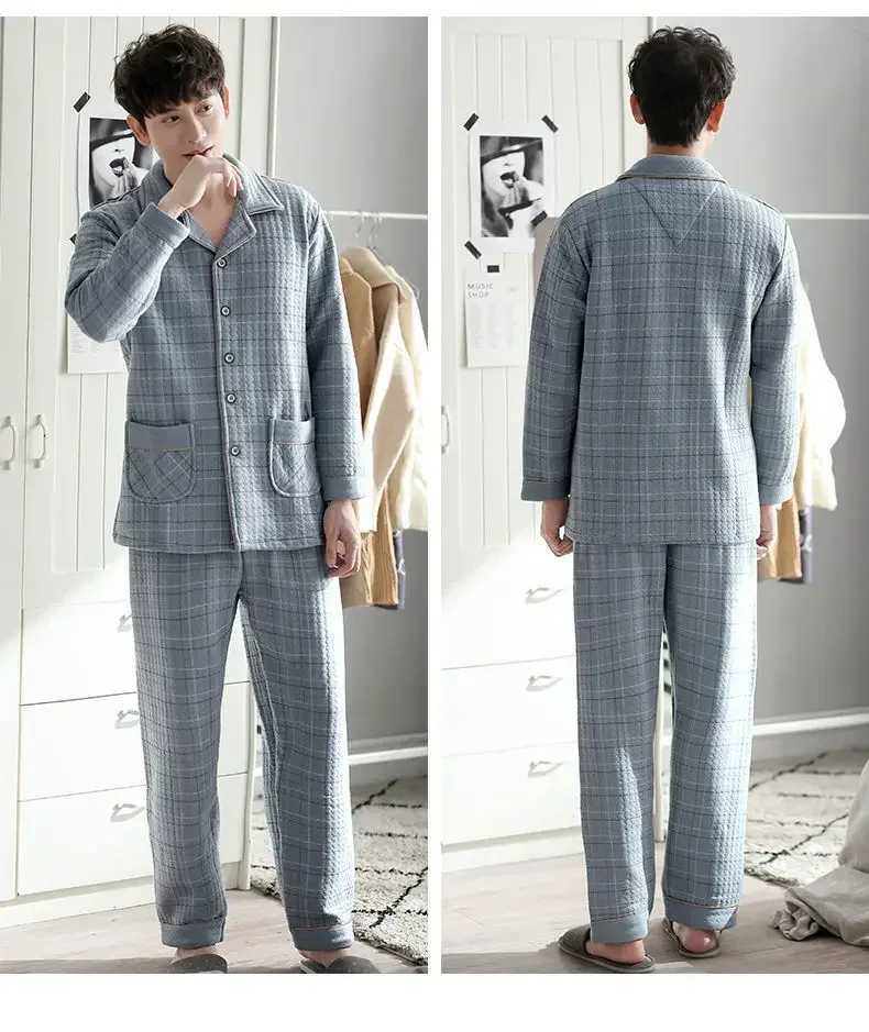Fall Winter Thicken Warm Flannel Pajama Sets for Men Cotton Sand Stripe Sleepwear Pyjamas Homewear Clothes 2024 Plus Size Y240913