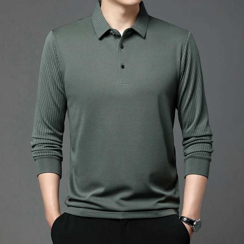 Mens casual solid color long sleeved polo shirt fashionable solid color lapel top W240913