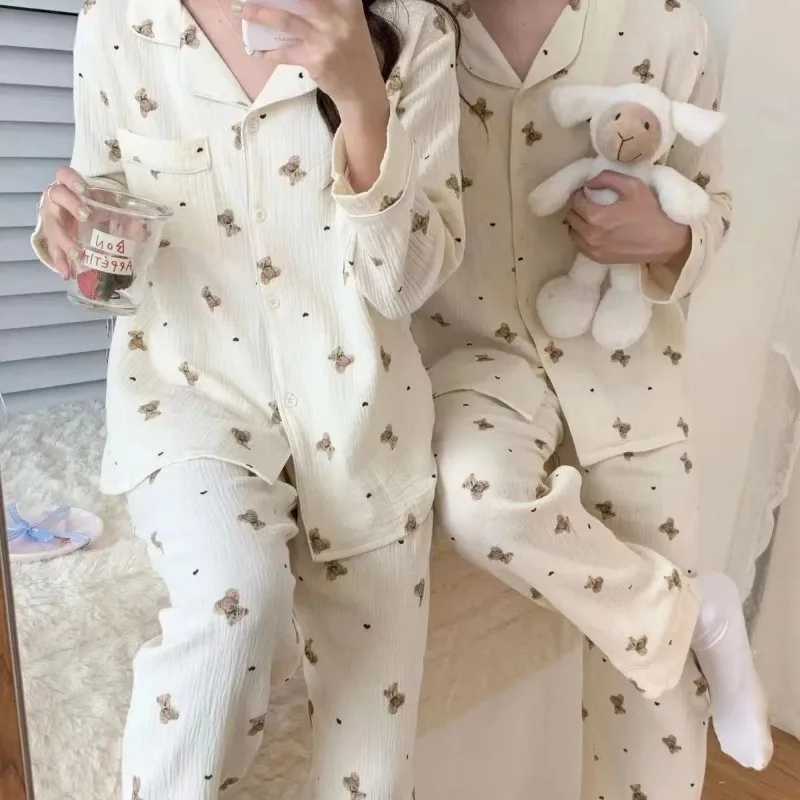 Couple Pajamas Womens Spring Autumn 2024 New Casual Long Sleeved Pants Sleepwear Cotton Gauze Loose Mens Cardigan Homewear Y240913